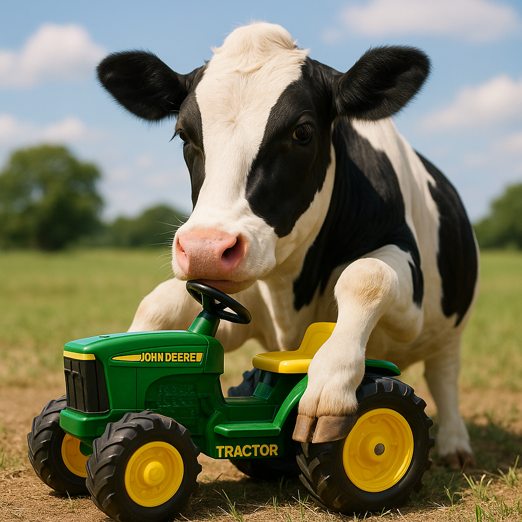 Koe speelt met een miniatuurtrekker